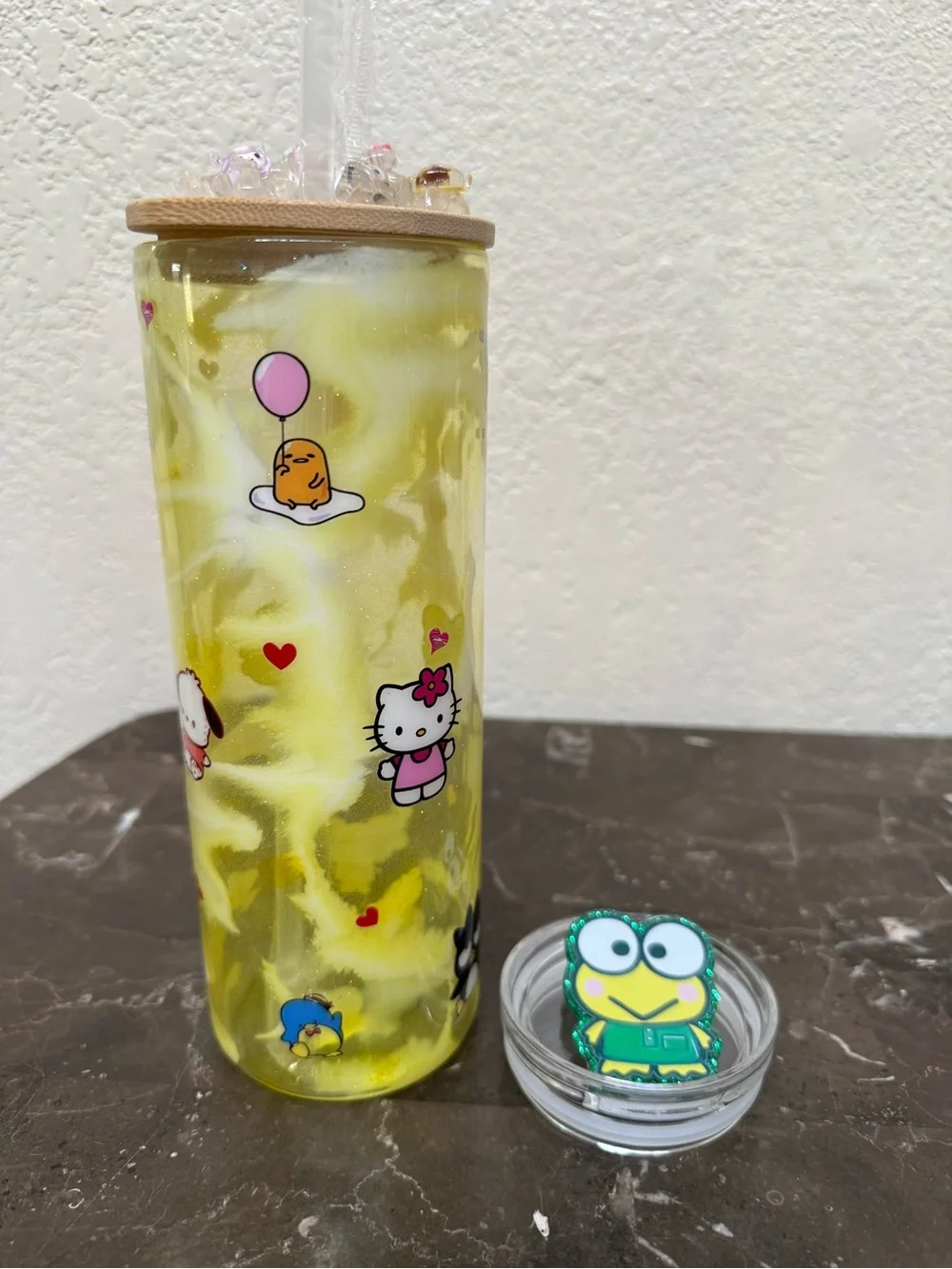 Sanrio Characters 20 oz Skinny Glass Glow Cup with Extra Lid Handmade